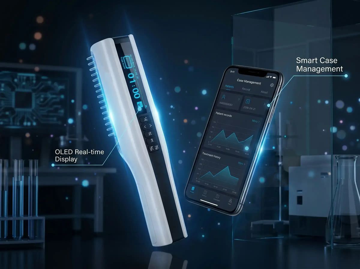 UVBWell Luma Comb 311 nm phototherapy device with OLED display and smart case management